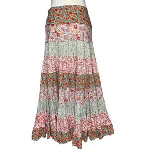 Vintage Y2K Floral Patchwork Tiered Bohemian Maxi Skirt Hippie Retro 70s